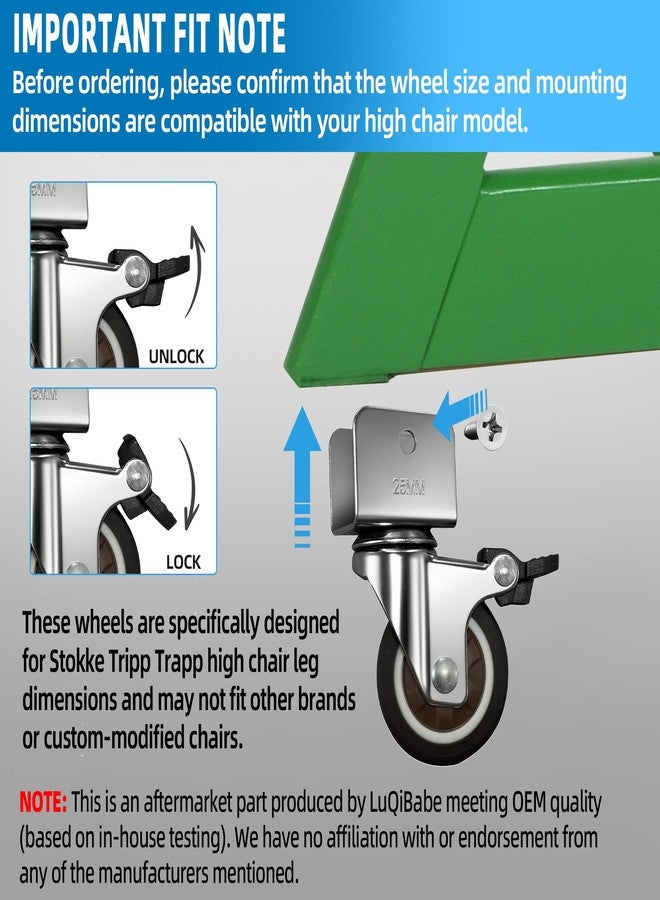 LuQiBabe 4-Pack 360° Rotation Metal Baby Highchair Wheels Compatible with Stokke Tripp Trapp High Chair, 2-Inch Silent Casters with Steel Brackets and 8-Pcs Screws, Wheels for Tripp Trapp Highchair - Image 5