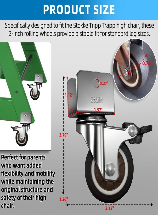 LuQiBabe 4-Pack 360° Rotation Metal Baby Highchair Wheels Compatible with Stokke Tripp Trapp High Chair, 2-Inch Silent Casters with Steel Brackets and 8-Pcs Screws, Wheels for Tripp Trapp Highchair - Image 2