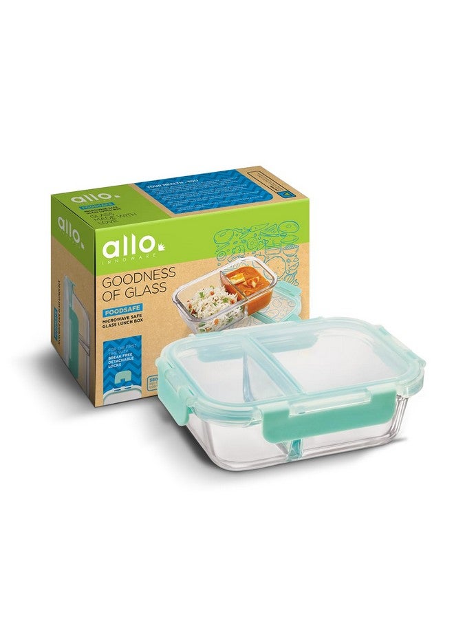Allo FoodSafe Compartment Glass Lunch Box with Break Free Detachable Lock, 450C Oven & Microwave Safe, Borosilicate Glass Container with Partition Divider, Office Tiffin 580ml, Rectangle - Image 1