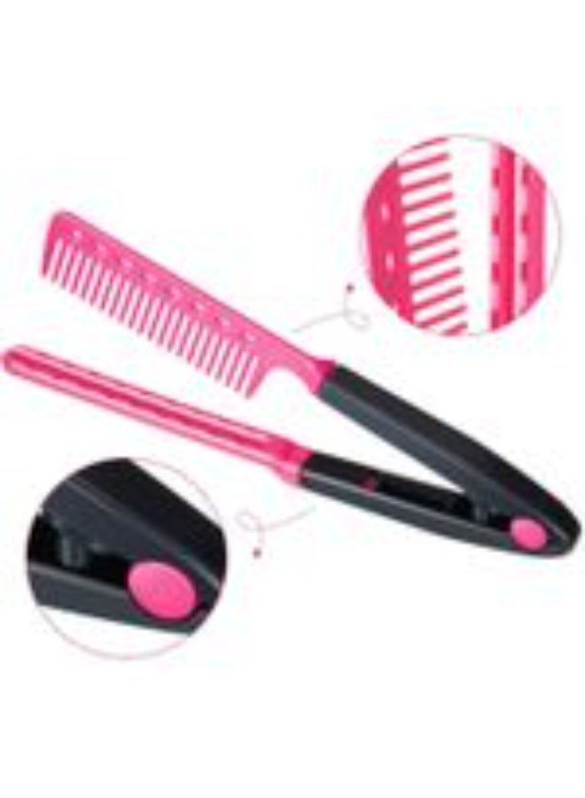 Pink hair straightening comb from the hair salon, a combing brush and comb for styling curly hair in a V shape for straightening hair (pink) - Image 1