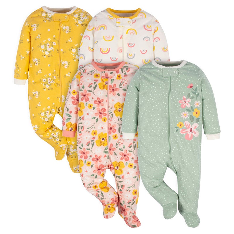 Gerber Baby Girls 4 Pack 'N Play Footie And Toddler Sleepers, Golden Floral, 3-6 Months US - Image 1