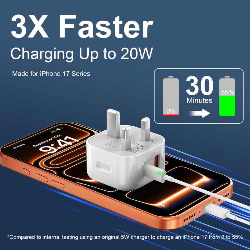 DiHines USB C Charger for iPhone 17 16 15 Charger 20W Fast Charger USB C Plug and Cable, 1 Pack Type C UK Wall Phone Power Adapter USBC Lead for iPhone 17/16/15/Pro/Max/Air/Plus/iPad/Samsung S25 Ultra/S24/S23 - Image 2
