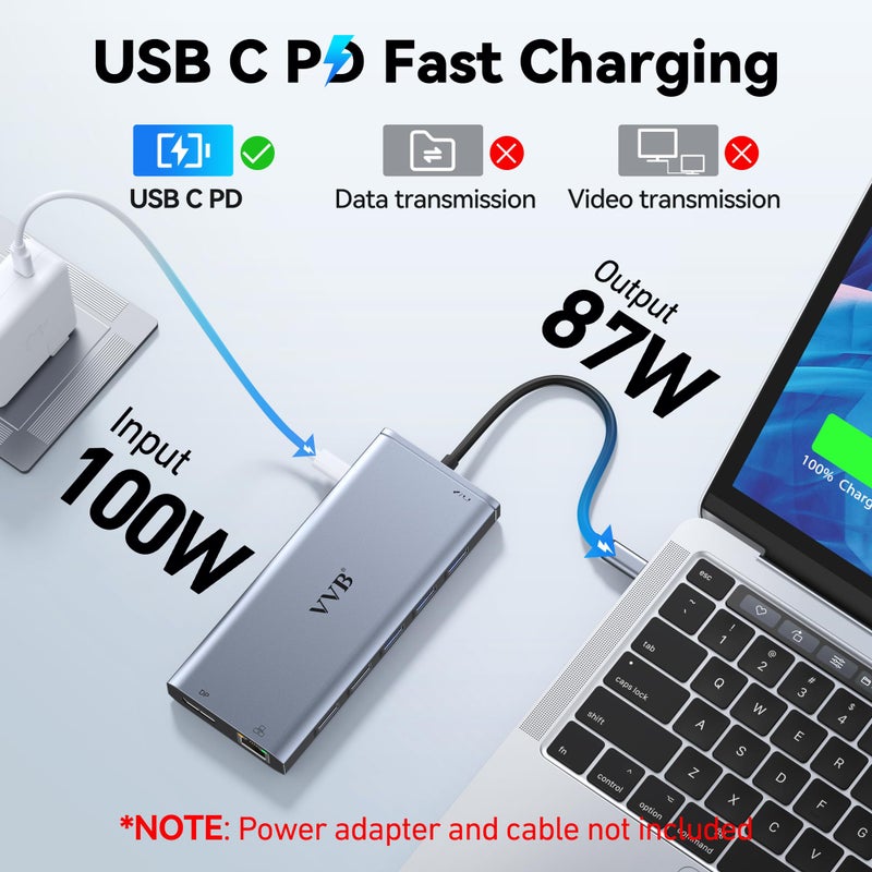 VVB USB C Laptop Docking Station Dual Monitor HDMI for Dell/HP/Lenovo Laptop Type C Hub Multiport Adapter Dongle Dock,USB C to 2 HDMI+DisplayPort DP+Ethernet+100W USB C Power Charge Port+5USB+SD/TF+Audio - Image 5