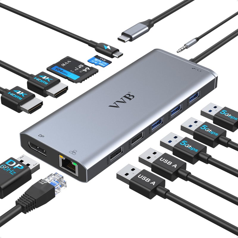 VVB USB C Laptop Docking Station Dual Monitor HDMI for Dell/HP/Lenovo Laptop Type C Hub Multiport Adapter Dongle Dock,USB C to 2 HDMI+DisplayPort DP+Ethernet+100W USB C Power Charge Port+5USB+SD/TF+Audio - Image 1