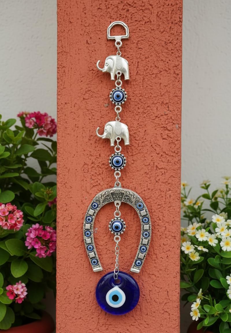 ARTISKRITI Evil Eye Hanging for House Entrance Horseshoe with Elephant Nazar Battu for Home Decoration Items for Living Room, Protection, Good Luck Charm - Image 1