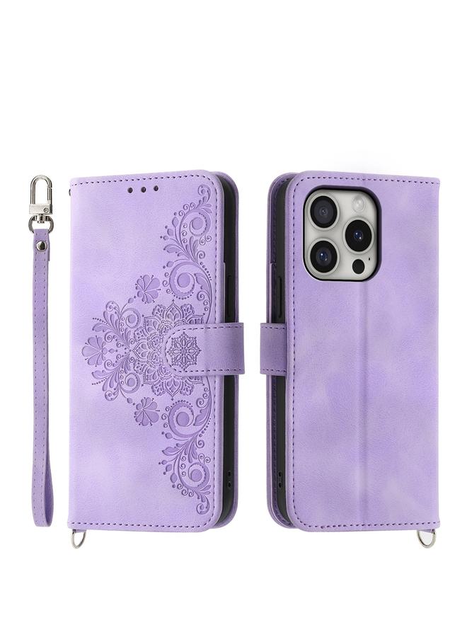 S-TOP Case For iPhone 16 Pro Skin-feel Flowers Embossed Wallet Leather Phone Case - Image 1