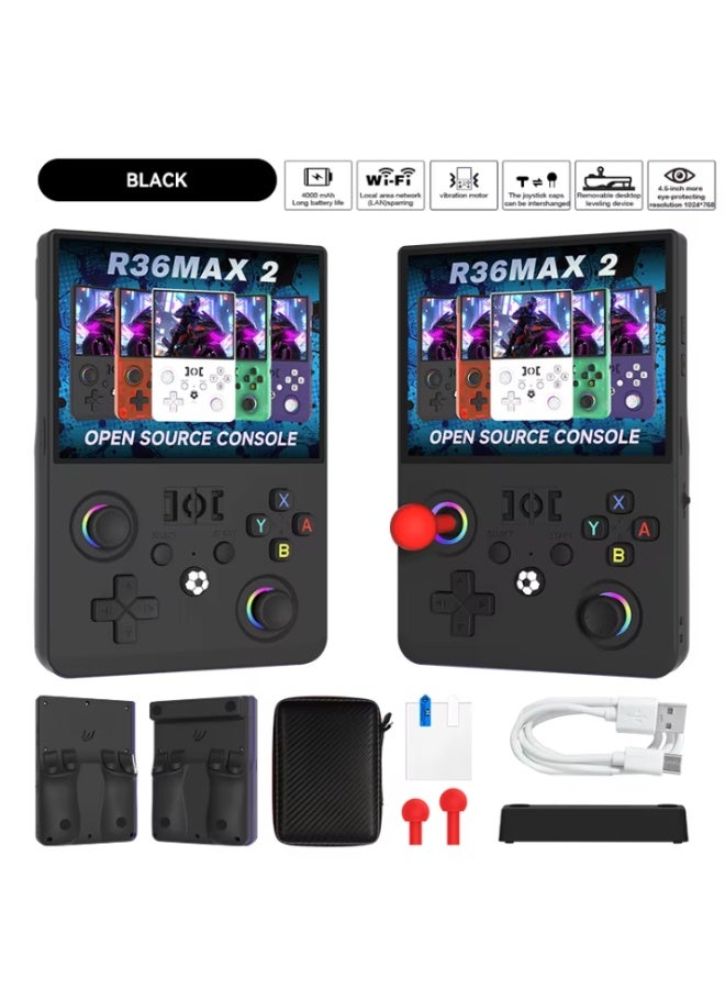 جهاز الألعاب المحمول R36MAX 2 Retro، شاشة IPS HD مقاس 4.5 بوصة، معالج عالي الأداء بتردد 1.5 جيجاهرتز، بطارية سعة 4000 مللي أمبير، دعم لمحاكيات متعددة، جهاز ألعاب فيديو كلاسيكي بنمط "الأركيد" – اللون أسود. - Image 1