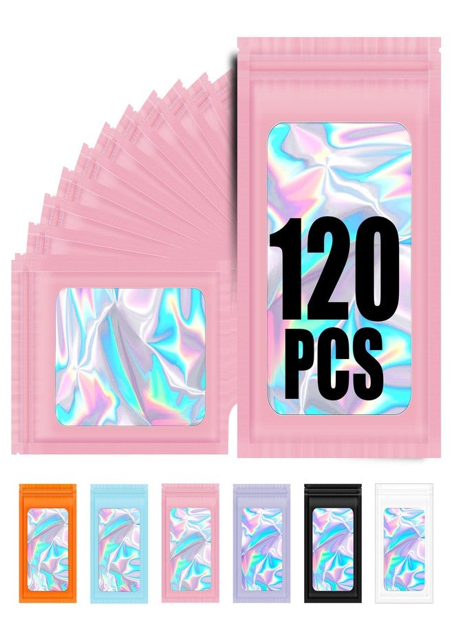 ODDIER 120PCS Smell Proof Mylar Bags,4"x6" Resealable Bag for Small Business,Holographic Packaging Bags with Clear Window,Foil Pouch Sample Snack Candy Jewelry Bag for Party Favors(Pink) - Image 1