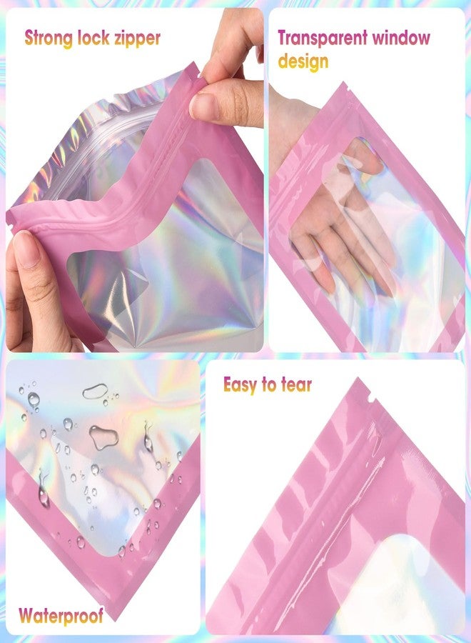 ODDIER 120PCS Smell Proof Mylar Bags,4"x6" Resealable Bag for Small Business,Holographic Packaging Bags with Clear Window,Foil Pouch Sample Snack Candy Jewelry Bag for Party Favors(Pink) - Image 3