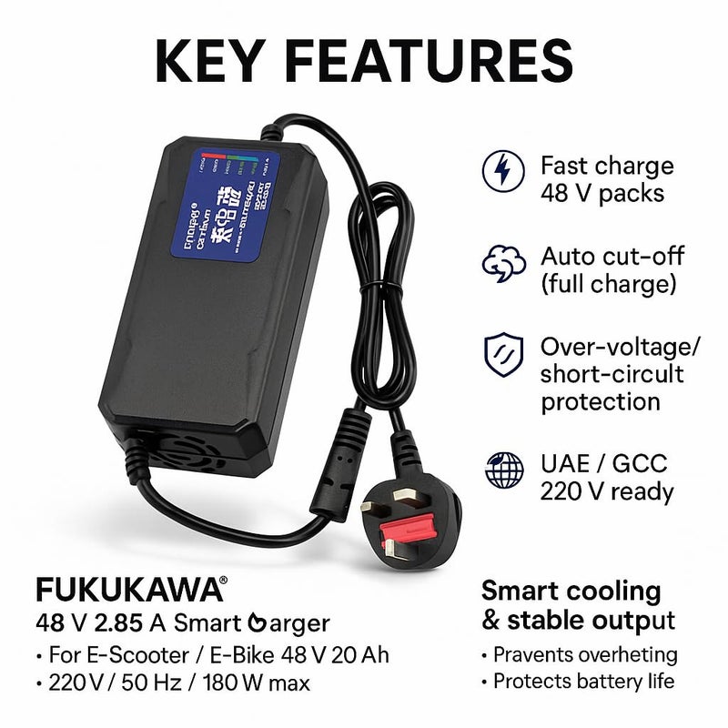FUKUKAWA® 48V 2.85A Smart Charger for Electric Scooter & E-Bike | 220V 50Hz Fast Lithium Battery Charger | Auto Cut-Off, Multi-Protection, LED Indicator, UK Plug | DC 59.5V Output 180W Max - Image 5