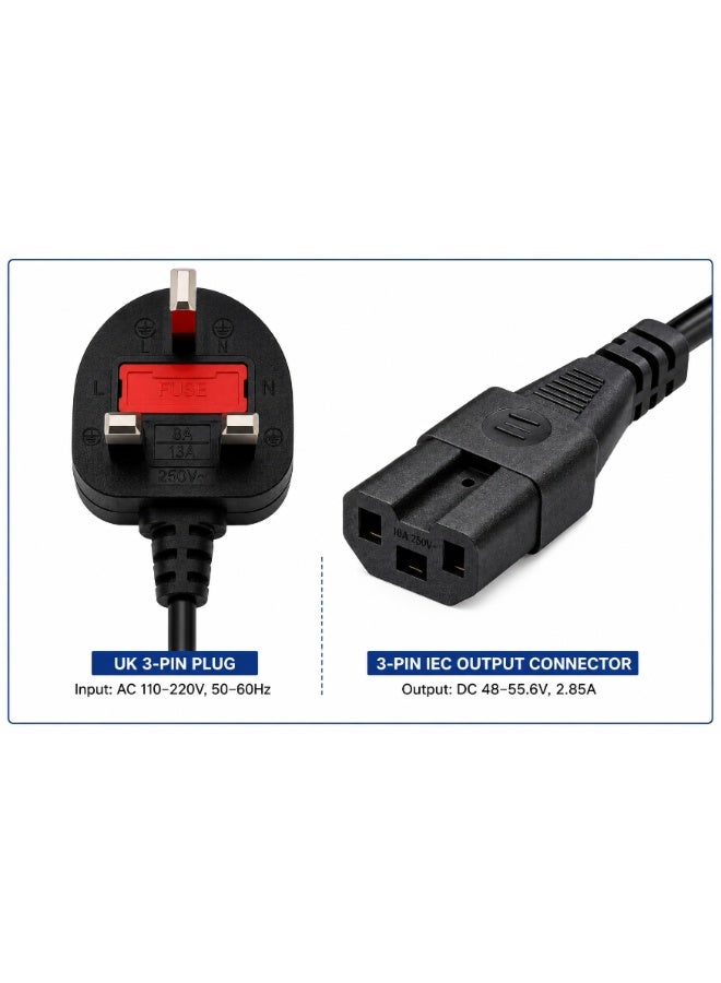Fukukawa شاحن فوكوكابا® الذكي ‎48V 2.85A للسكوتر الكهربائي والدراجة الكهربائية | شاحن بطارية ليثيوم سريع ‎220V ‎50Hz | إيقاف تلقائي عند الامتلاء، حماية متعددة، مؤشر LED، قابس بريطاني | خرج ‎DC ‎59.5V بقدرة قصوى ‎180W - Image 5