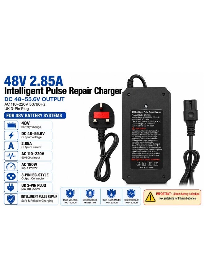Fukukawa شاحن فوكوكابا® الذكي ‎48V 2.85A للسكوتر الكهربائي والدراجة الكهربائية | شاحن بطارية ليثيوم سريع ‎220V ‎50Hz | إيقاف تلقائي عند الامتلاء، حماية متعددة، مؤشر LED، قابس بريطاني | خرج ‎DC ‎59.5V بقدرة قصوى ‎180W - Image 1