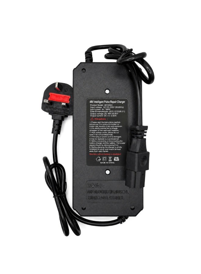 Fukukawa شاحن فوكوكابا® الذكي ‎48V 2.85A للسكوتر الكهربائي والدراجة الكهربائية | شاحن بطارية ليثيوم سريع ‎220V ‎50Hz | إيقاف تلقائي عند الامتلاء، حماية متعددة، مؤشر LED، قابس بريطاني | خرج ‎DC ‎59.5V بقدرة قصوى ‎180W - Image 3