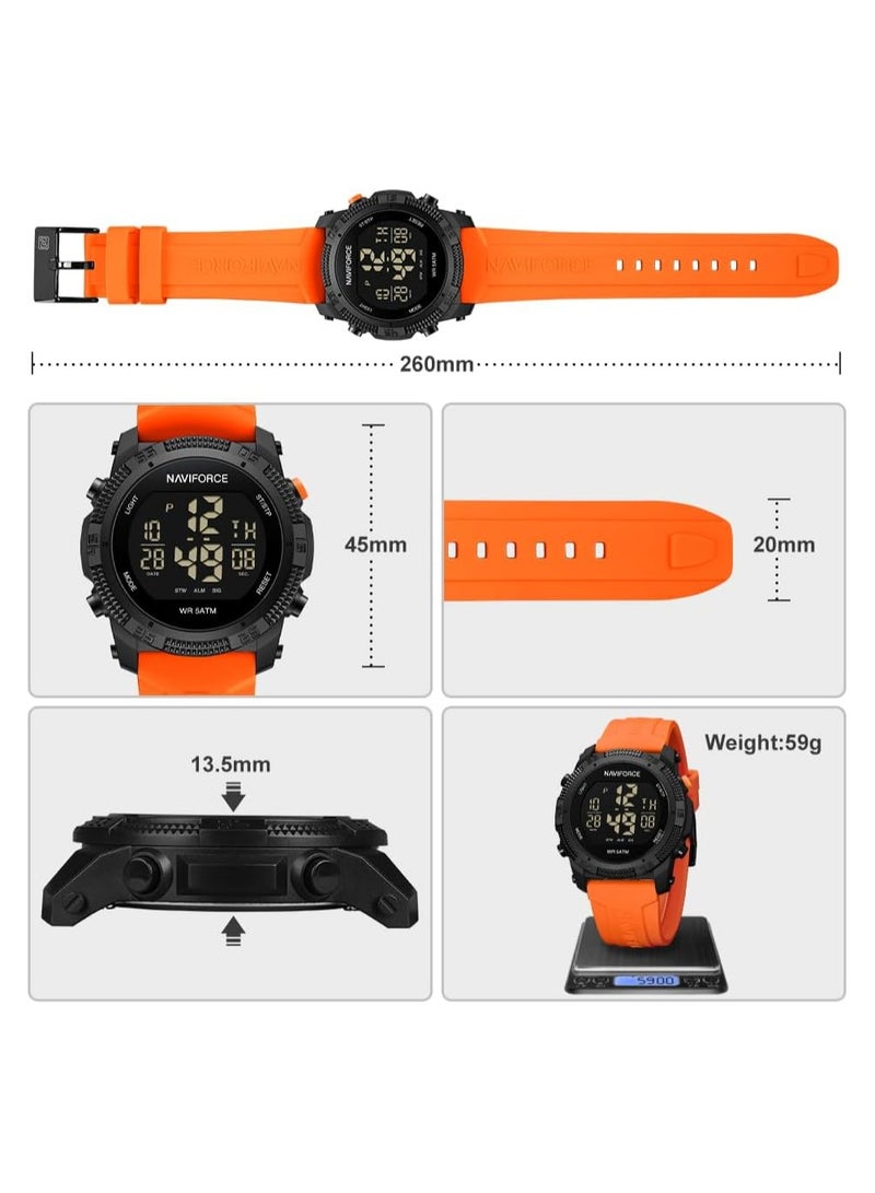 NAVIFORCE Stylish Mens Digital Sports Watch with Black Dial Orange Silicone Strap Water Resistant 50M Stopwatch Alarm Backlight Modern and Durable Design  - Image 3