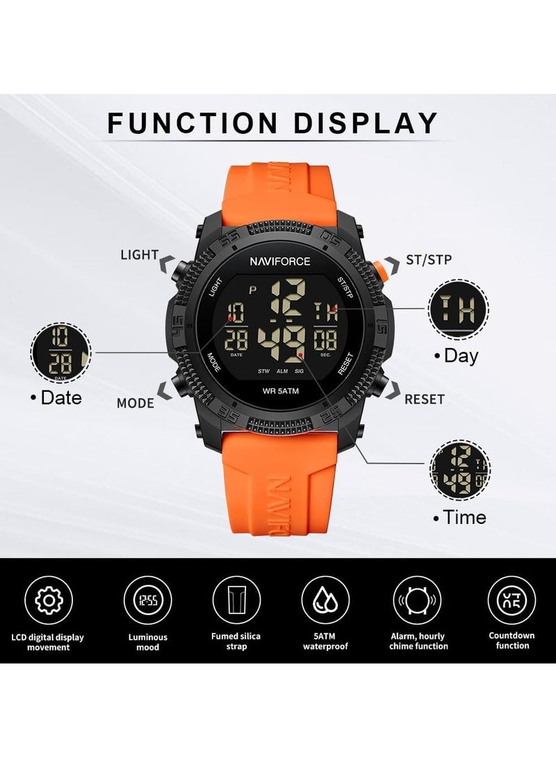 NAVIFORCE Stylish Mens Digital Sports Watch with Black Dial Orange Silicone Strap Water Resistant 50M Stopwatch Alarm Backlight Modern and Durable Design  - Image 4