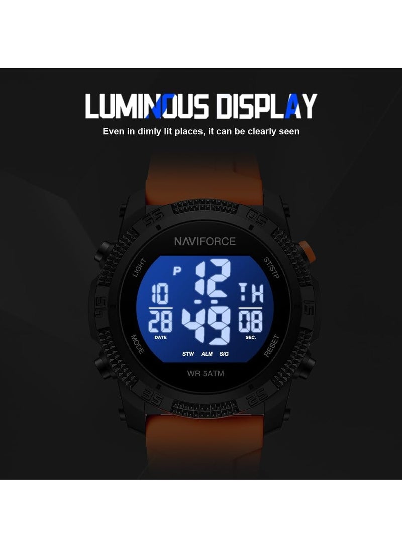 NAVIFORCE Stylish Mens Digital Sports Watch with Black Dial Orange Silicone Strap Water Resistant 50M Stopwatch Alarm Backlight Modern and Durable Design  - Image 5