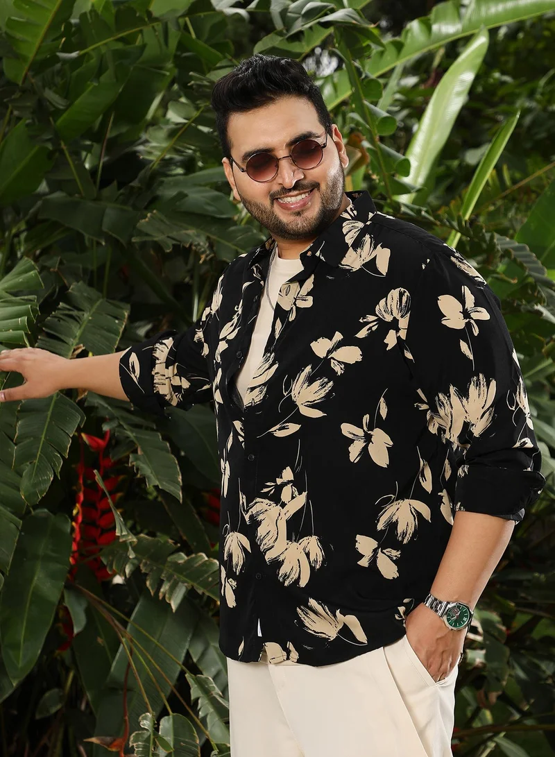 انستافاب بلس Instafab Plus Men's Black & Beige Contrast-Petalia Imprint Shirt | Spread Collar , Long Cuffed Sleeves , Button Closure , Curved Hemline | Floral-Print Plain Polyester For Street & Casual Wear