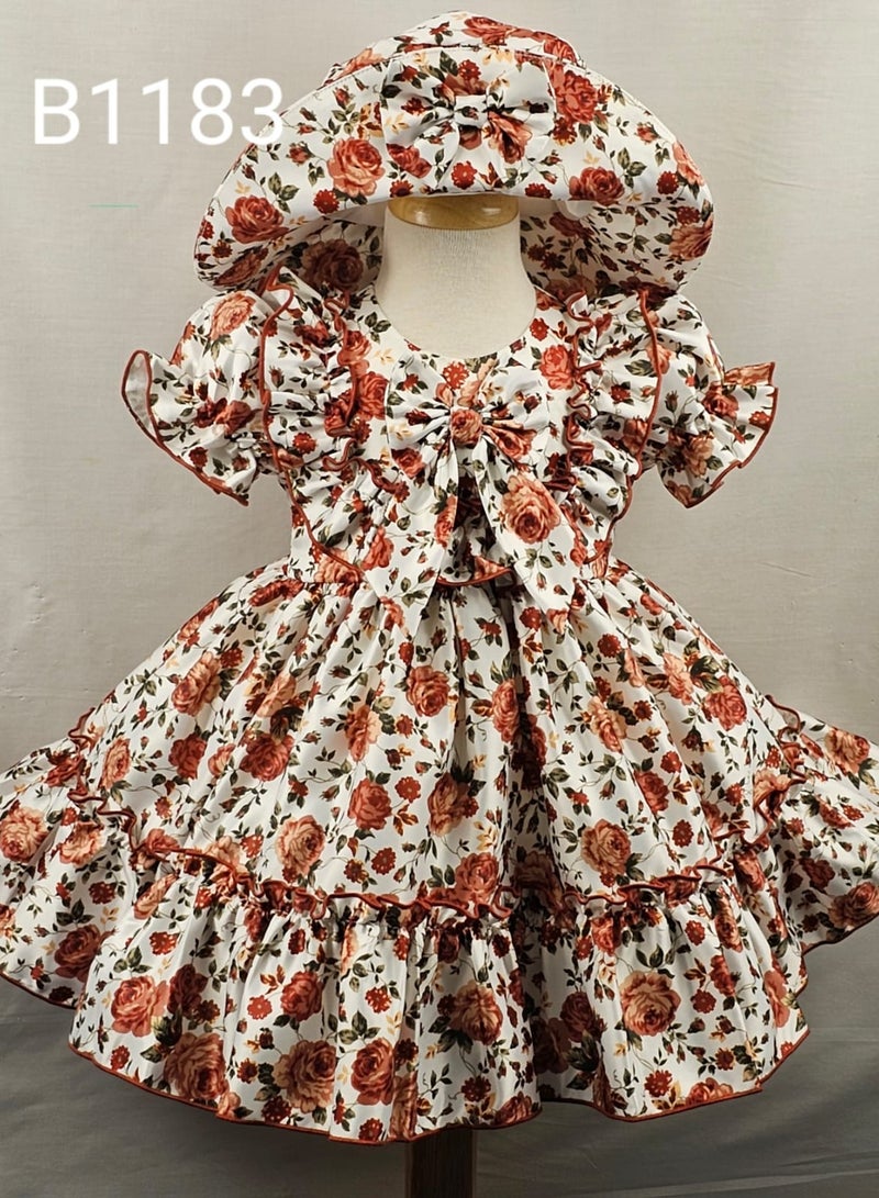 Little miss Bella One of A Kind Baby Girls Print Satin Dress with A Matching Bow Hat. 