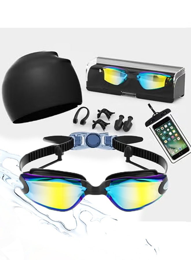 YALONG 6 in 1 Anti-Fog Pro Swimming Goggles -Goggle Set with Silicone Swim Cap, Anti-Fog UV Protection, Clear Vision, 180° Panoramic，Durable PC Material - Waterproof Swimming Accessories Kit with ,Waterproof Phone Case, Carry Case, Nose Clip, & Earplugs, Age 14+ - Image 1