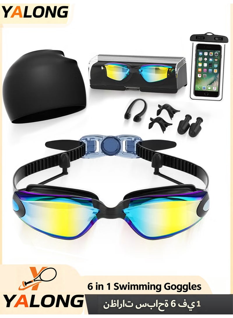 YALONG 6 in 1 Pro Swimming Goggles Set, Anti-Fog UV Protection Swim Glasses with Silicone Swim Cap, Waterproof Phone Case, Earplugs, Nose Clip & Carry Case for Adults Teens - Image 1