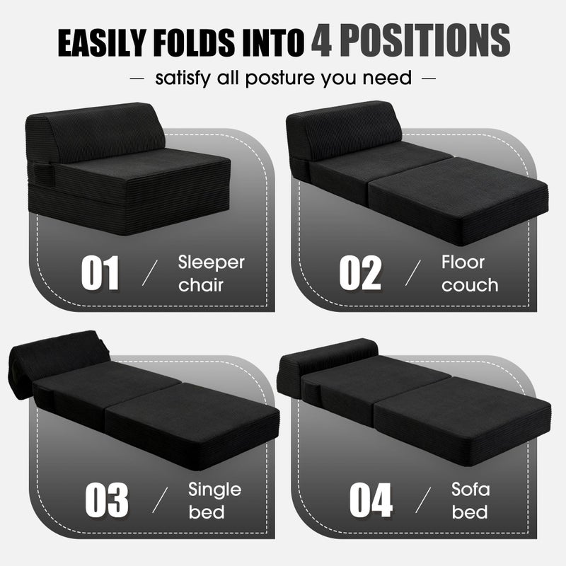 Kasunpul Folding Sofa Bed with Pillow, Memory Foam Fold Out Chair Bed, Convertible Sleeper Chair with Washable Cover, Futon Floor Couch for Living Room/Dorm/Guest Use/Home Office/Apartment, Black - Image 5