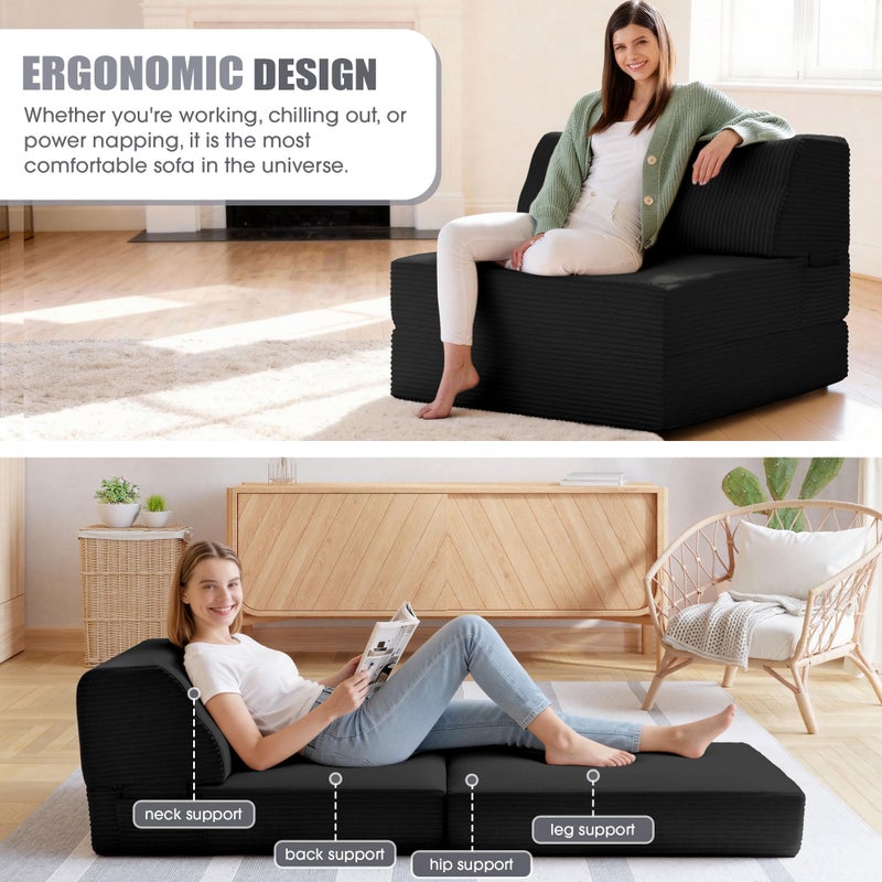 Kasunpul Folding Sofa Bed with Pillow, Memory Foam Fold Out Chair Bed, Convertible Sleeper Chair with Washable Cover, Futon Floor Couch for Living Room/Dorm/Guest Use/Home Office/Apartment, Black - Image 4