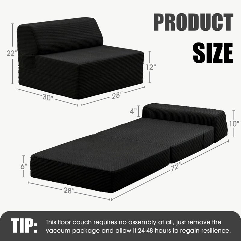 Kasunpul Folding Sofa Bed with Pillow, Memory Foam Fold Out Chair Bed, Convertible Sleeper Chair with Washable Cover, Futon Floor Couch for Living Room/Dorm/Guest Use/Home Office/Apartment, Black - Image 3