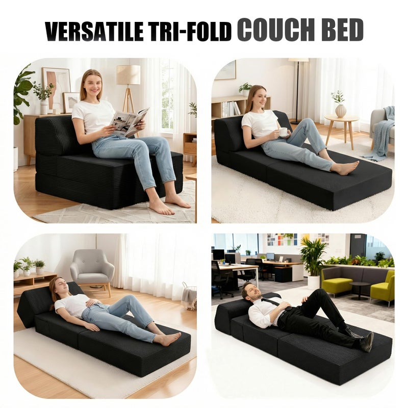 Kasunpul Folding Sofa Bed with Pillow, Memory Foam Fold Out Chair Bed, Convertible Sleeper Chair with Washable Cover, Futon Floor Couch for Living Room/Dorm/Guest Use/Home Office/Apartment, Black - Image 2