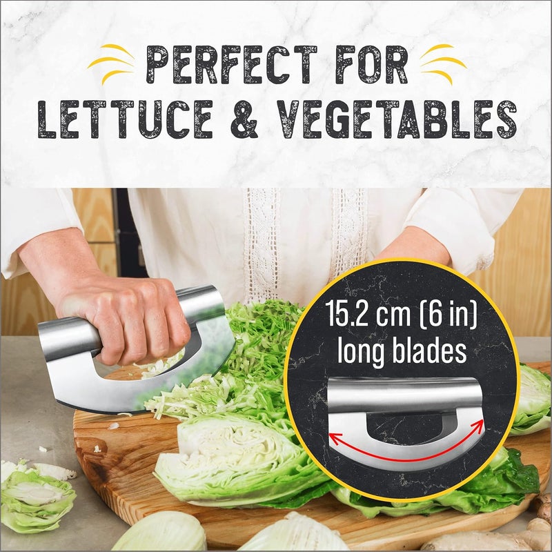 Checkered Chef Salad Chopper Tool, Mezzaluna Knife Stainless Steel Vegetable Rocker - Image 4