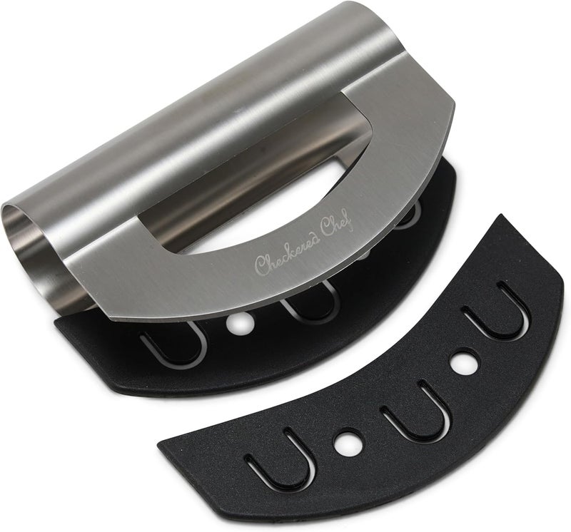 Checkered Chef Salad Chopper Tool, Mezzaluna Knife Stainless Steel Vegetable Rocker - Image 1