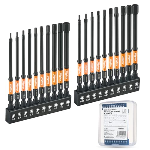 Toolant Impact Allen Wrench Drill Bit Set 20pcs (Metric & SAE), 1/4" Hex-Shank S2 Steel Hex Bits, CNC Machined Tips with Magnetism, 4" Long with Storage Box - Image 1