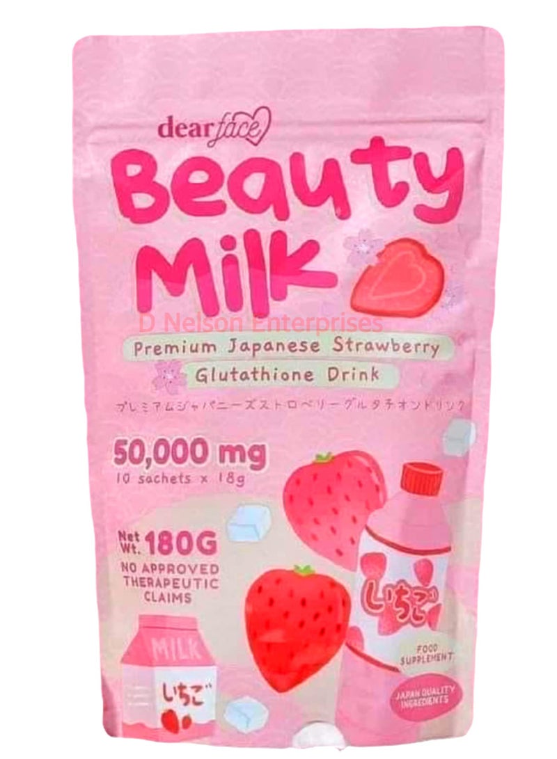 dear face Beauty Milk Japanese Strawberry Glutathione Drink | 50,000mg Glutathione | Skin Brightening & Hydration | 10 Sachets (18g Each) - 180g - Image 1