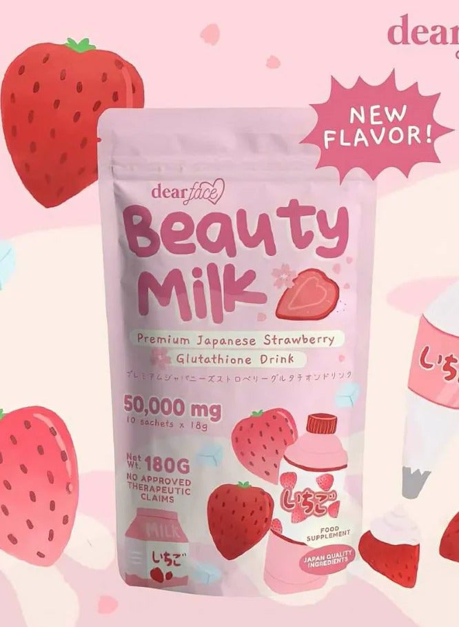 dear face Beauty Milk Japanese Strawberry Glutathione Drink | 50,000mg Glutathione | Skin Brightening & Hydration | 10 Sachets (18g Each) - 180g - Image 2