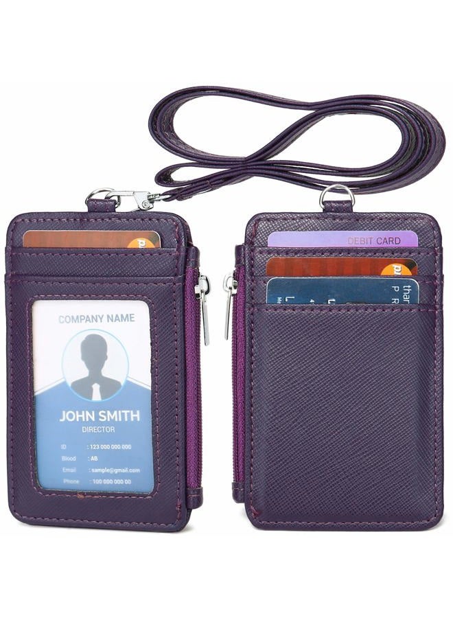 Leamekor ID Badge Holder with Neck Lanyard PU Leather ID Badge Wallet Case with 1 ID Window, 4 Card Slots, 1 Side Zipper Pocket - Image 1