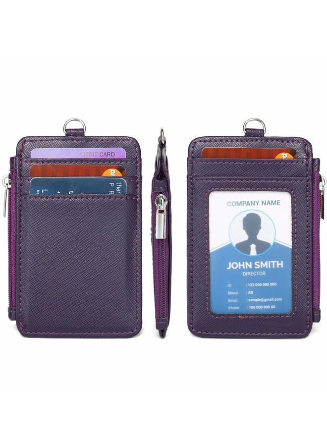 Leamekor ID Badge Holder with Neck Lanyard PU Leather ID Badge Wallet Case with 1 ID Window, 4 Card Slots, 1 Side Zipper Pocket - Image 3