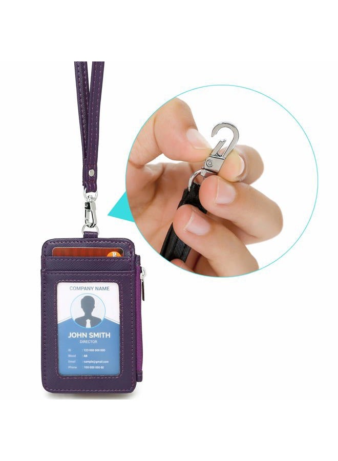 Leamekor ID Badge Holder with Neck Lanyard PU Leather ID Badge Wallet Case with 1 ID Window, 4 Card Slots, 1 Side Zipper Pocket - Image 5
