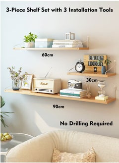 Old_Feller 3-Piece Home Book Shelves Set Floating Shelves for Wall Hanging Wood Shelf Wooden Shelves with Metal Brackets Hanging Shelf Wall Organizers for Home  Wood Color  - Image 1