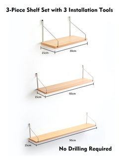 Old_Feller 3-Piece Home Book Shelves Set Floating Shelves for Wall Hanging Wood Shelf Wooden Shelves with Metal Brackets Hanging Shelf Wall Organizers for Home  Wood Color  - Image 5