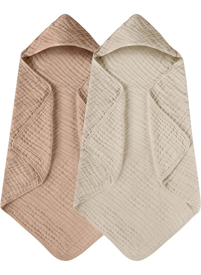 Yoofoss Hooded Baby Towels for Newborn 2 Pack 100% Muslin Organic Cotton Baby Bath Towel with Hood for Babies, Infant, Toddler and Kids, 32x32Inch, Soft and Absorbent Newborn Essential, Beige&Coffee - Image 1