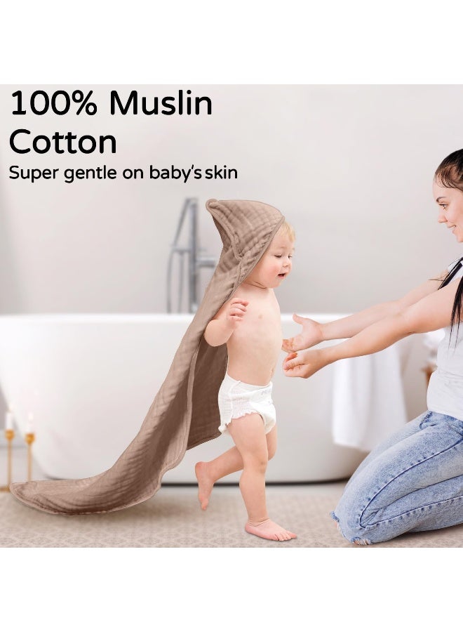 Yoofoss Hooded Baby Towels for Newborn 2 Pack 100% Muslin Organic Cotton Baby Bath Towel with Hood for Babies, Infant, Toddler and Kids, 32x32Inch, Soft and Absorbent Newborn Essential, Beige&Coffee - Image 2