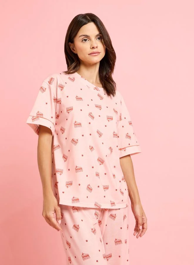 Styli Pink Cake Print Short Sleeve T-Shirt and Wide Leg Pyjama Set