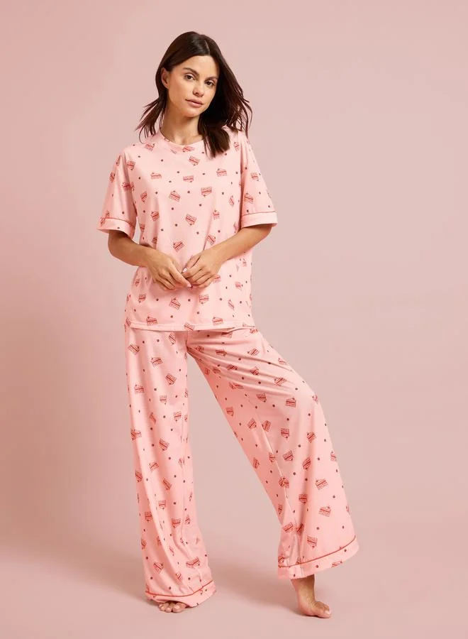 Styli Pink Cake Print Short Sleeve T-Shirt and Wide Leg Pyjama Set
