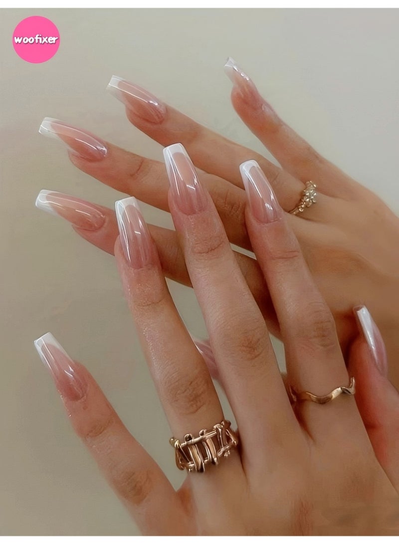 Woofixer 24Pcs Chrome White French Tip Press on Nails Medium Ballerina Fake Nails Mirror Finish False Nails Full Cover Glue on Nails Glossy Acrylic Stick on Nails for Women Manicure Decoration - Image 2