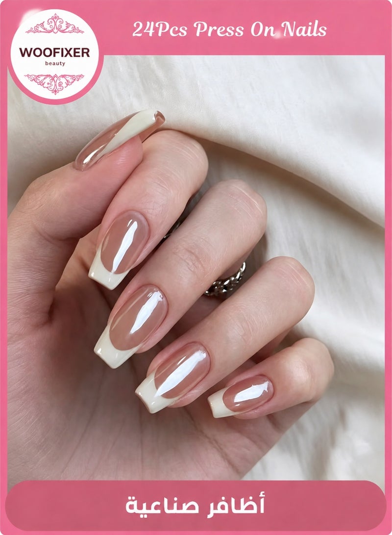 Woofixer 24Pcs Chrome White French Tip Press on Nails Medium Ballerina Fake Nails Mirror Finish False Nails Full Cover Glue on Nails Glossy Acrylic Stick on Nails for Women Manicure Decoration - Image 1