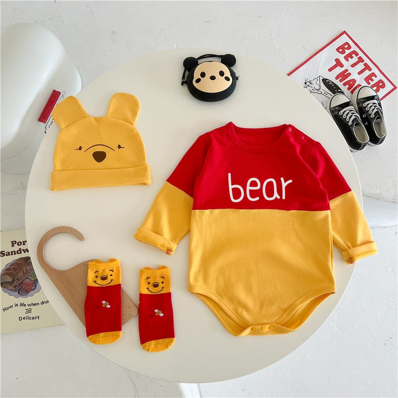 Free Hat 0-2 Years Old Baby Clothing Spring u0026 Fall Triangle Bag Fart Cartoon Yellow Bear Combed Cotton Crawler Suit - Image 2