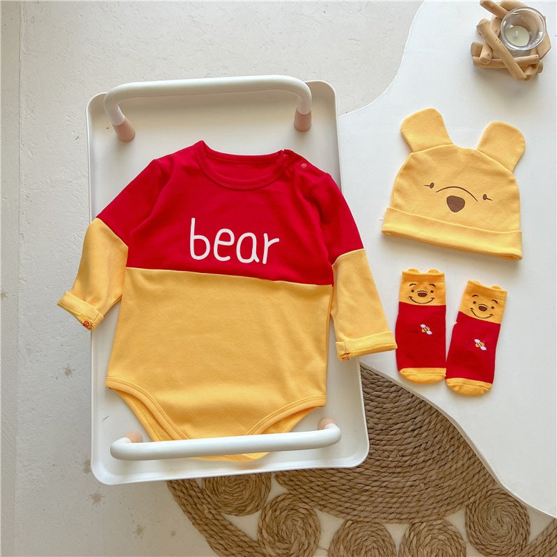 Free Hat 0-2 Years Old Baby Clothing Spring u0026 Fall Triangle Bag Fart Cartoon Yellow Bear Combed Cotton Crawler Suit - Image 5