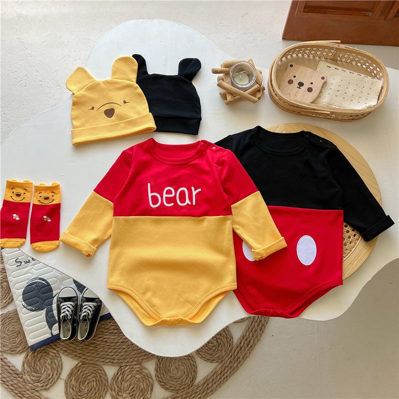 Free Hat 0-2 Years Old Baby Clothing Spring u0026 Fall Triangle Bag Fart Cartoon Yellow Bear Combed Cotton Crawler Suit - Image 4