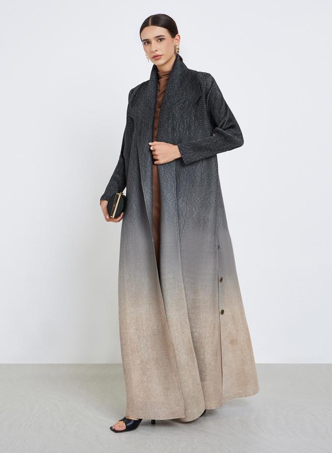 تايك تو عباية محبوكة بكسرات بتدرج لوني وتفصيلة أزرار جانبية وأكمام طويلة - Image 1