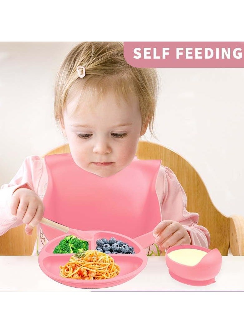 Silicone Baby Feeding Set Toddler Plates Set u0026 Bowl with Suction Toddler Self Feeding Dish Set with Spoons Forks Adjustable Bib Baby Eating Utensils for toddlers (Pink) - Image 2