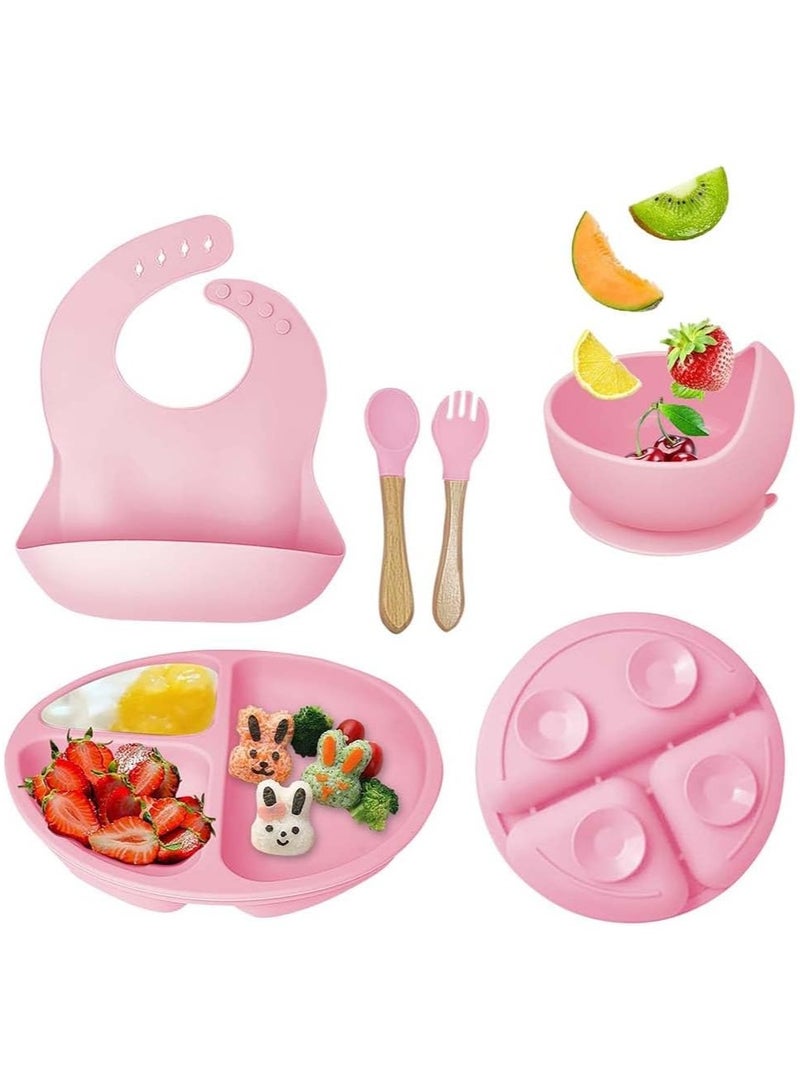 Silicone Baby Feeding Set Toddler Plates Set u0026 Bowl with Suction Toddler Self Feeding Dish Set with Spoons Forks Adjustable Bib Baby Eating Utensils for toddlers (Pink) - Image 1